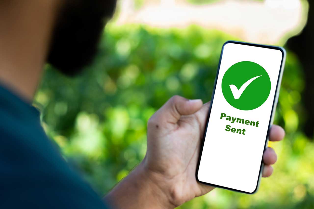 A person holds a smartphone displaying a green checkmark with "Payment Sent" text over a blurred outdoor background, conveying successful transaction.