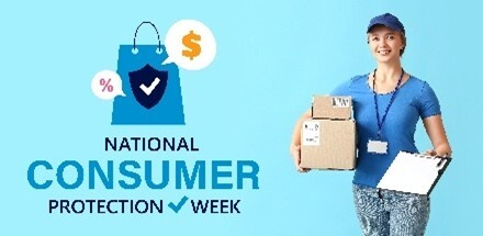 A smiling woman in a blue shirt and cap holds parcels and a clipboard on a light blue background. Text reads 'National Consumer Protection Week' beside shopping icons.