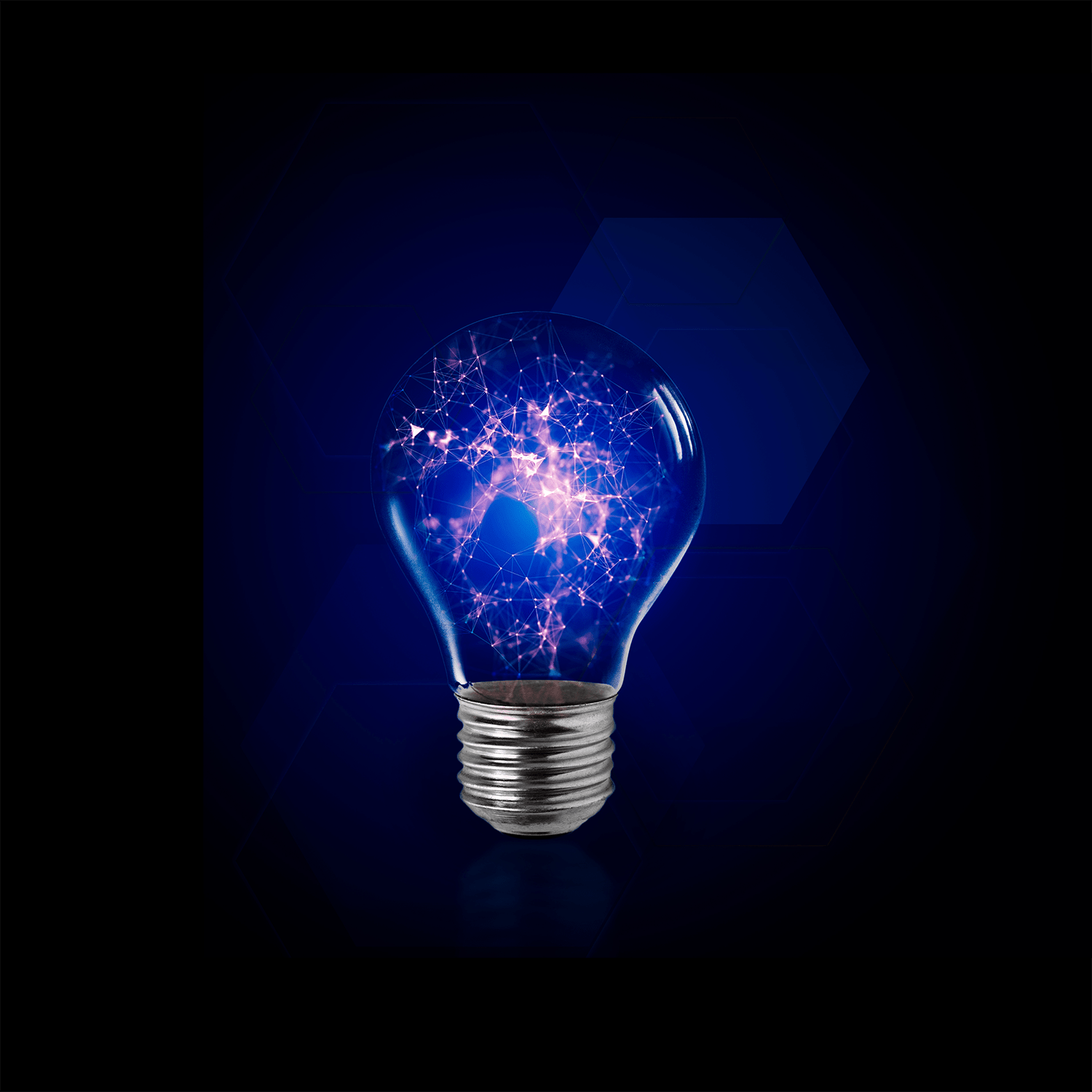 A blue bulb with bright electric wires inside