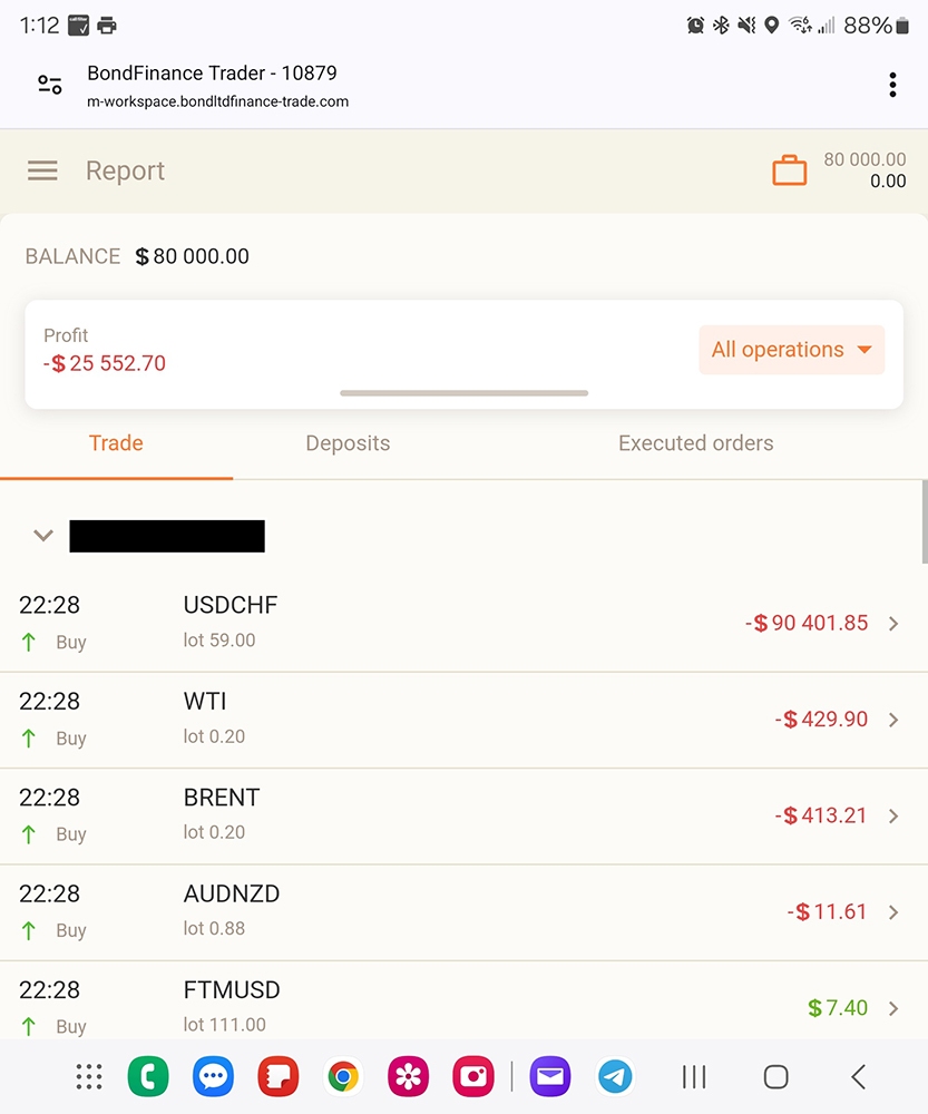 Trading app screen showing a balance of $80,000 and a profit of -$25,552.70. Trades listed include USDCHF, WTI, and AUDNZD with negative results, except FTMUSD with a $7.40 gain. Interface is clean with a calm, neutral color scheme and modern icons.
