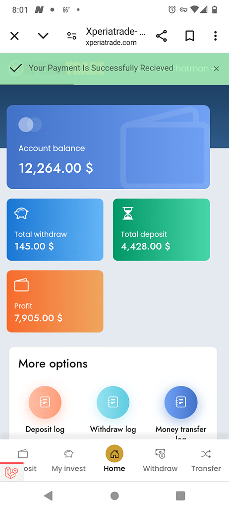 Mobile app screen showing financial dashboard with account balance of $12,264, total withdrawals $145, total deposits $4,428, profit $7,905. Navigation icons include deposit, withdraw, and transfer options.