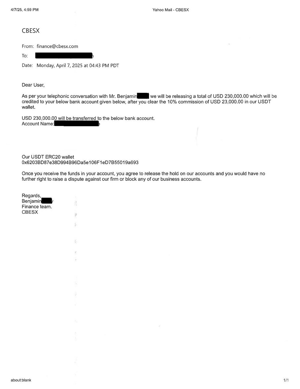 A letter from CBESX