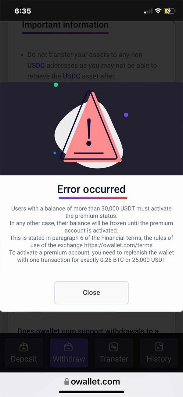 Mobile wallet error message with a red triangle warning icon. Text indicates users with over 30,000 USDT must activate premium status. The message instructs users to replenish the wallet with a specific transaction amount. Options displayed at the bottom include Deposit, Withdraw, Transfer, and History.