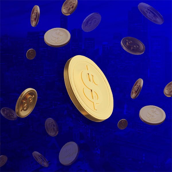 Crypto Signs on gold color coins fly in the air