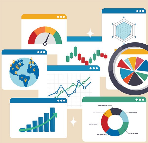 A magnifying glass is placed over charts and graphs, including bar and pie charts, with a pen nearby. The scene conveys data analysis and scrutiny.