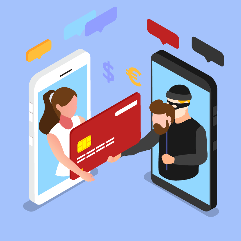 Woman on the phone screen and the scammer stealing a credit card isometric 3d vector illustration