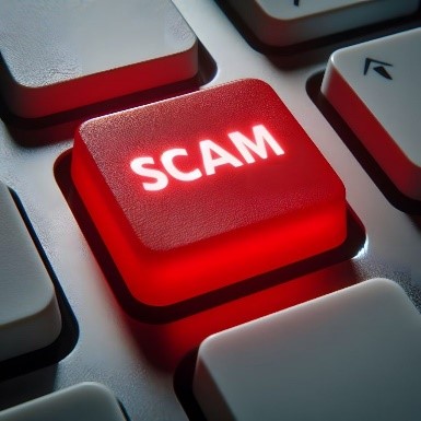 A red button with Scam on top