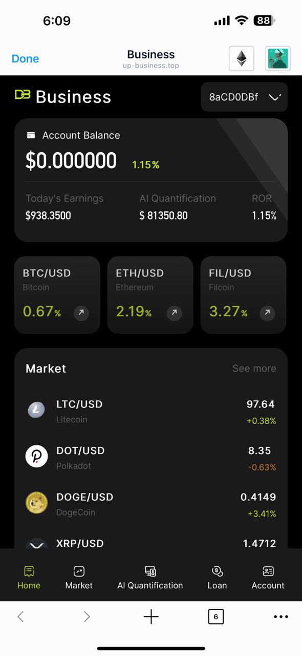 Mobile screen of a cryptocurrency app showing an account balance of $0.00, today's earnings of $938.35, and market rates for BTC, ETH, and FIL.