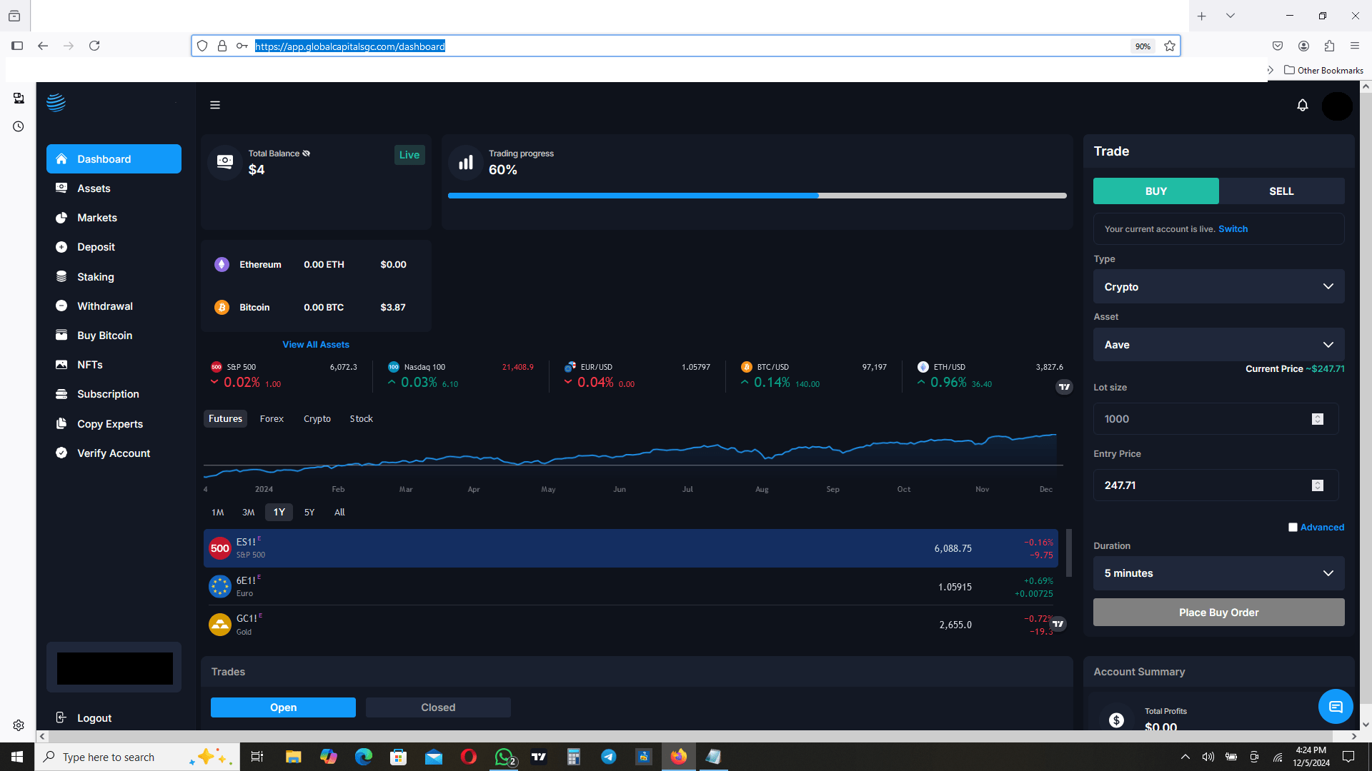 A cryptocurrency trading dashboard displays current prices, balance, market trends, and trade options. The interface uses a dark theme with graphs and tables.