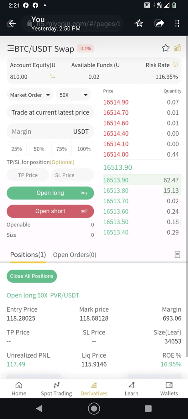 A cryptocurrency trading app screen displaying BTC/USDT swap details. Features include account equity, available funds, risk rate, trade options, and market orders. Prices are listed with quantities, and options to 'Open long' or 'Open short' are available. Current positions show entry price, mark price, and unrealized PNL.