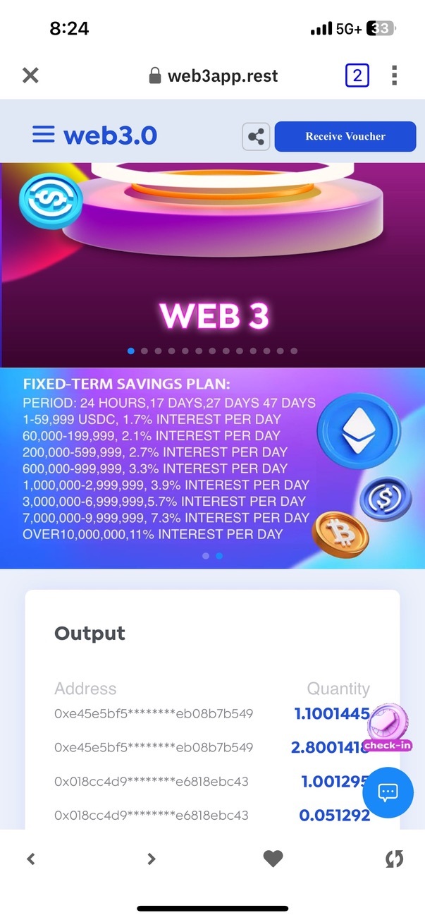 Mobile app screen displaying a Web3 fixed-term savings plan with various interest rates. Colorful circular icons and transaction details are shown below.