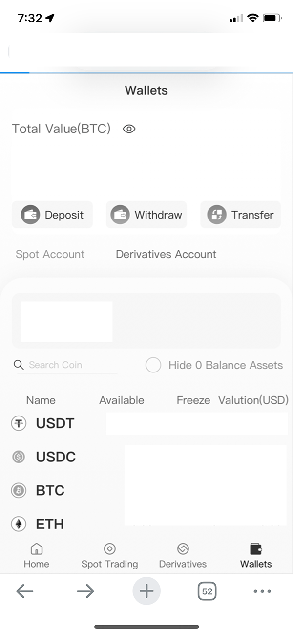 Mobile crypto wallet interface showing total BTC value, with options to deposit, withdraw, or transfer. Lists currencies: USDT, USDC, BTC, ETH.