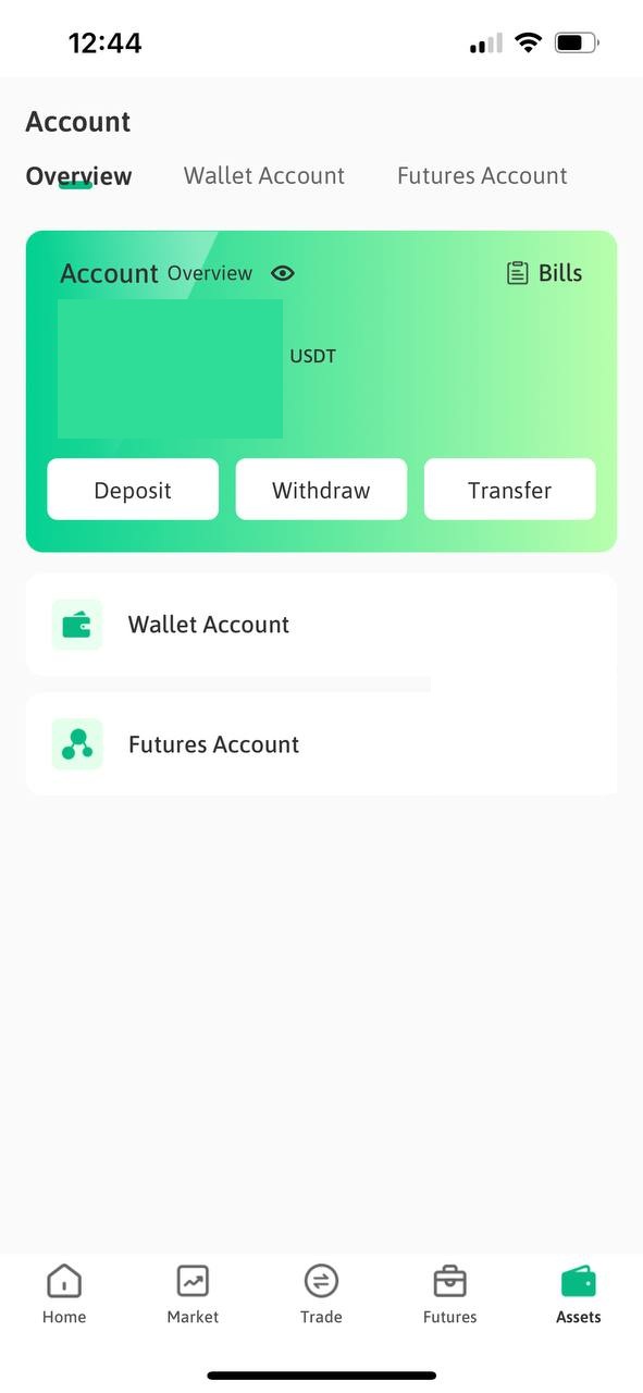Mobile app screen displaying financial account overview with options for Deposit, Withdraw, and Transfer. Tabs for Wallet and Futures Accounts. UI is minimalistic and green-themed.