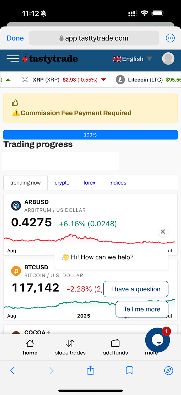 Mobile trading app interface displaying cryptocurrency prices. ARBUS/USD is $0.4275, up 6.16%. BTC/USD is $117,142, down 2.28%. Notification and chat feature present.