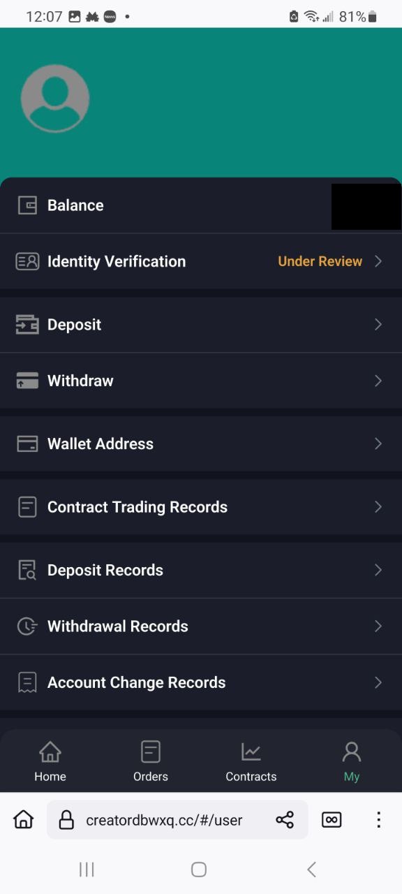 A mobile app screen showing a profile with account options: balance, identity verification (under review), deposit, withdraw, wallet address, and records.