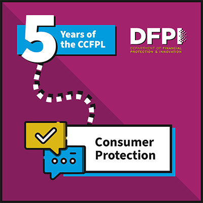 5th anniversary graphic for CCFPL with "Consumer Protection" text. Purple background, checkmark in chat bubble, and "DFPI" logo on the right.